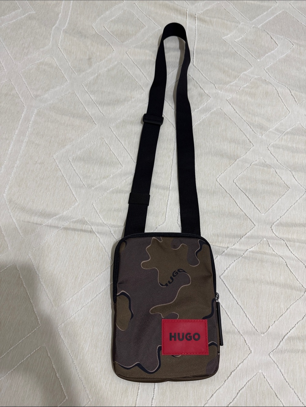 HUGO Brown Camo Crossbody Pouch with Red Logo